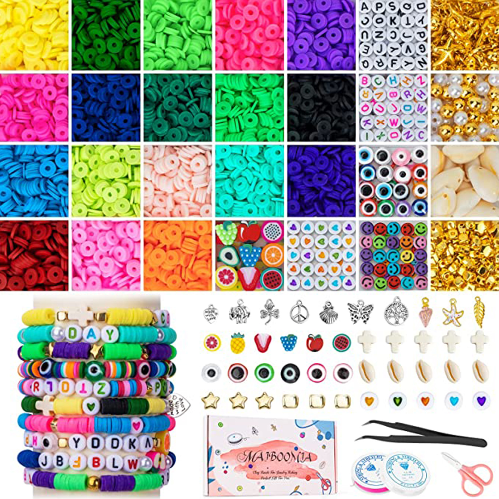 Clay Beads for Bracelets Making 4184PCS, 18 Colors 6mm Polymer Clay Beads  with Various Pendant Charms Kit, Evil Eye Bracelets Supplies and Elastic